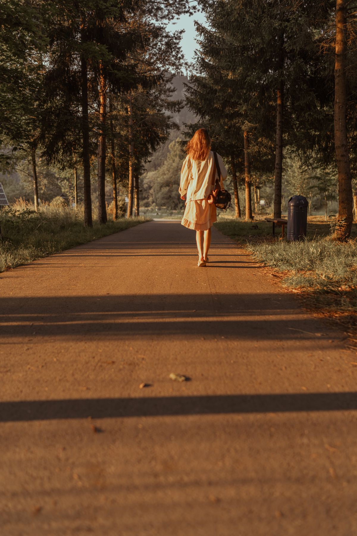 Woman walking away down a tree-lined path in golden evening light